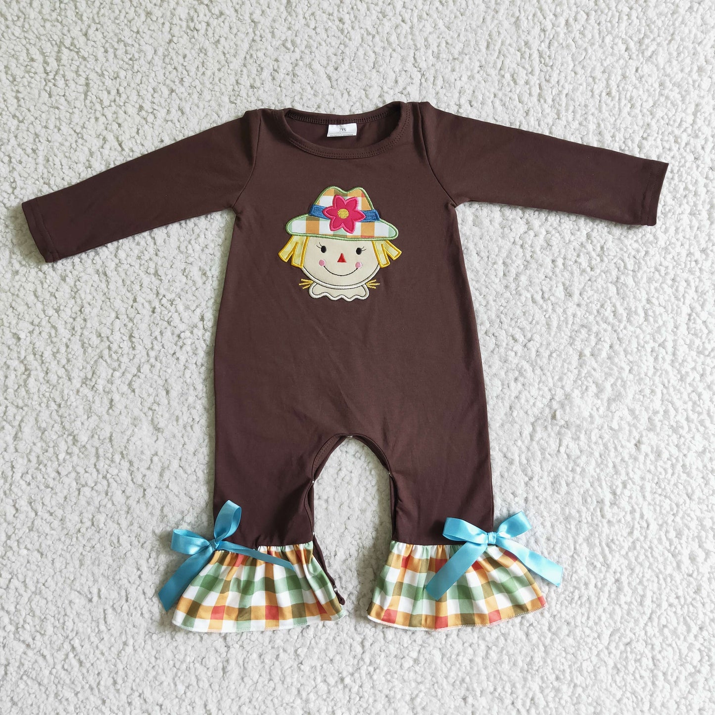 LR0035 Scarecrow Embroidery Brown Baby Girls Fall Romper