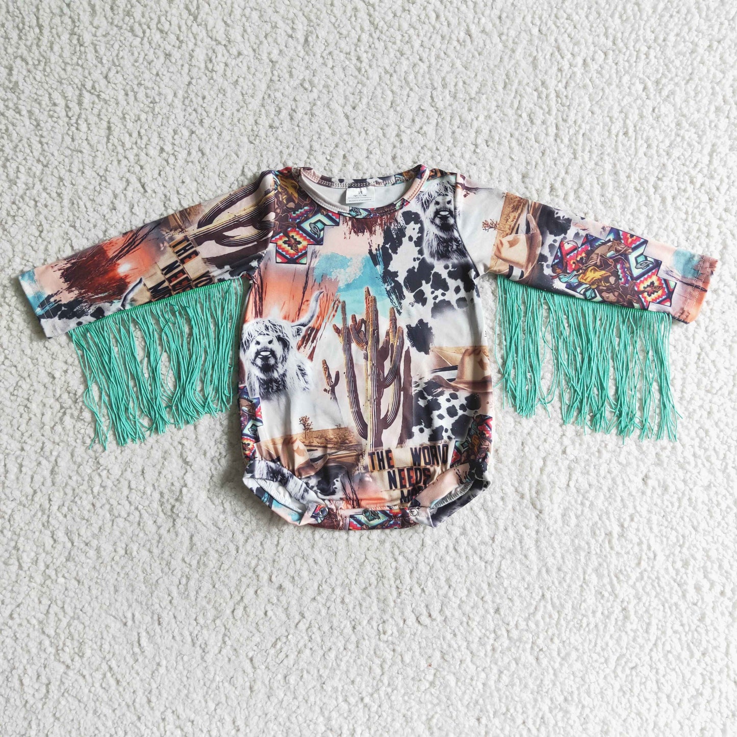 Girls long sleeve highland cow print tassels romper LR0049