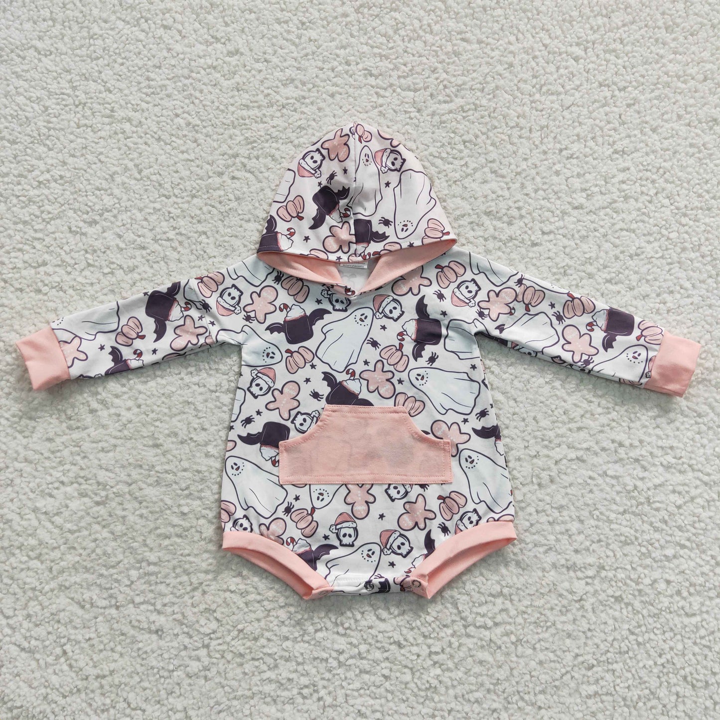 LR0275 Pumpkin Bat Ghost Print Baby Girls Halloween Romper