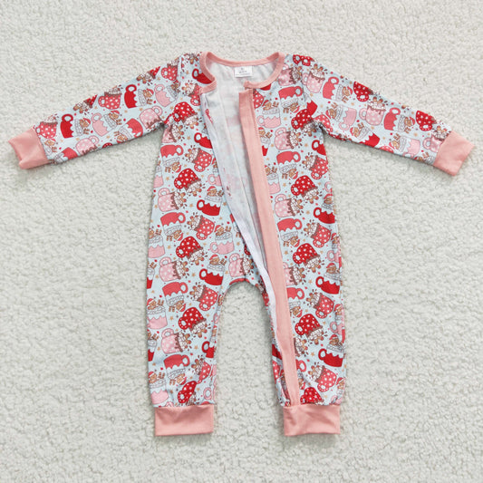 LR0294 Gingerbread Cup Milk Print Baby Girls Christmas Zipper Sleeper Romper