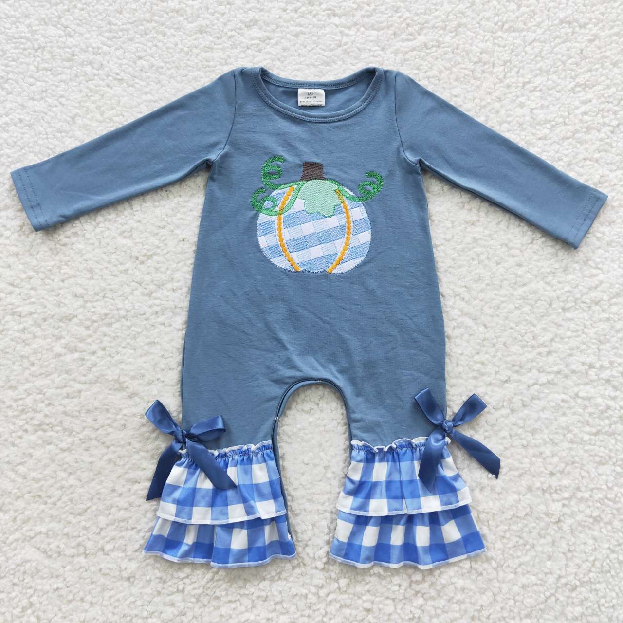LR0318 Pumpkin Embroidery Blue Baby Girls Fall Romper