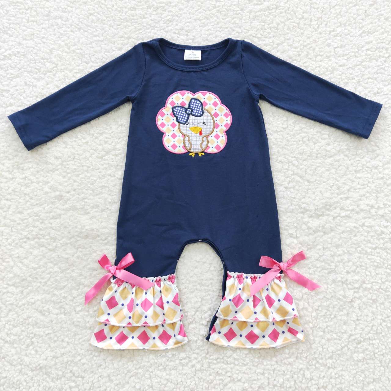 LR0326 Turkey Embroidery Navy Baby Girls Thanksgiving Romper