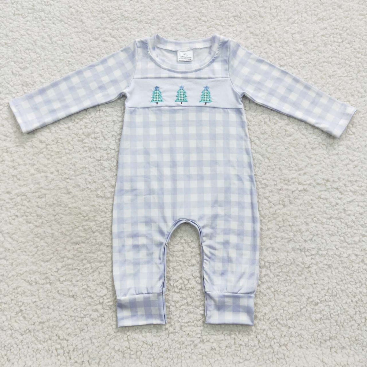 LR0335 Tree Embroidery Blue Checkered Baby Boys Christmas Doll Collar Romper