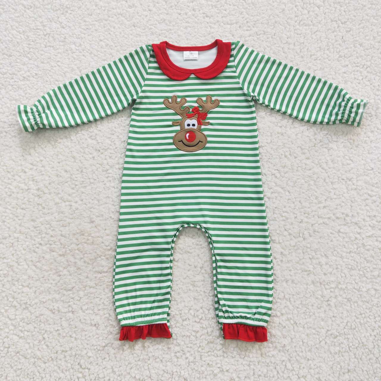 LR0339 Deer Embroidery Green Stripes Baby Girls Christmas Ruffle Romper