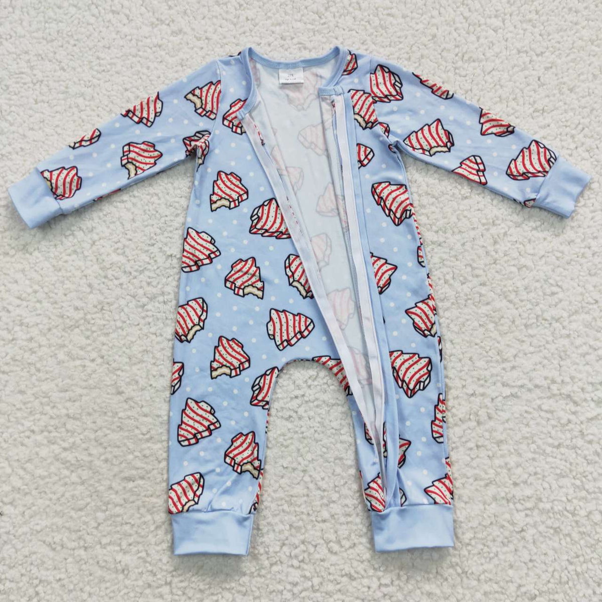 LR0345 Debbie Cake Blue Print Baby Boys Christmas Zipper Sleeper Romper