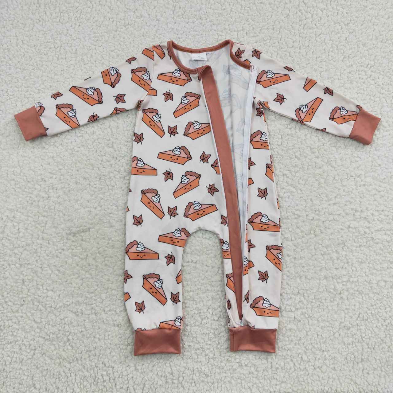 LR0353 Pie Leaf Print Baby Thanksgiving Zipper Sleeper Romper