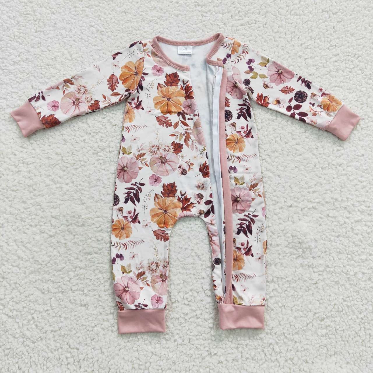 LR0363 Pumpkin Flowers Print Baby Girls Fall Zipper Sleeper Romper