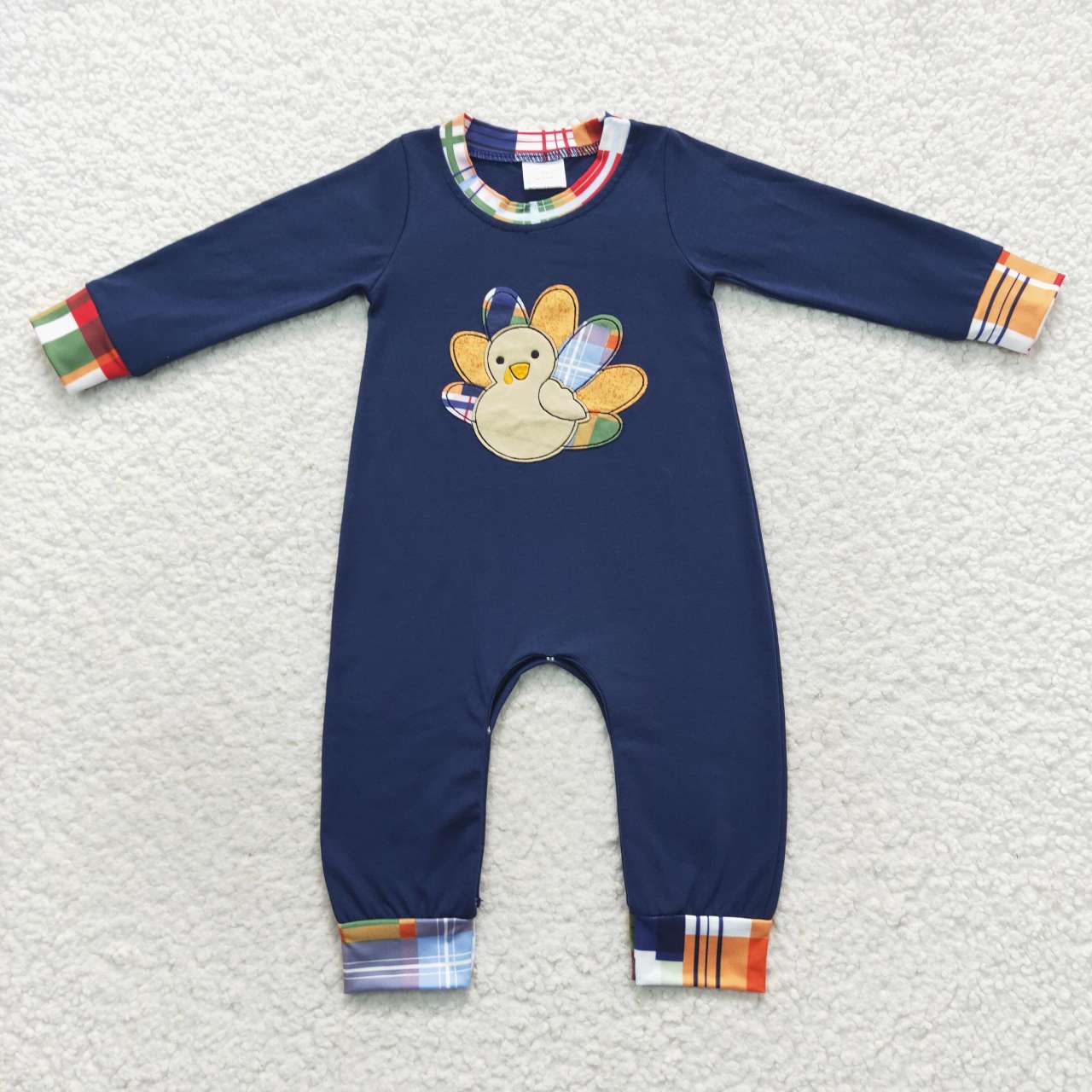 LR0367 Turkey Embroidery Navy Baby Boys Thanksgiving Romper