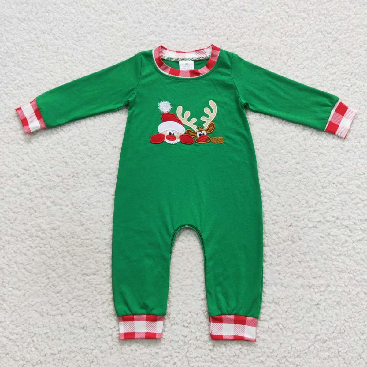 LR0396 Santa Deer Embroidery Green Baby Boys Christmas Romper