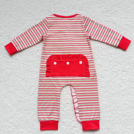 LR0441 Santa Embroidery Red Stripes Print Baby Girls Christmas Zipper Sleeper Romper