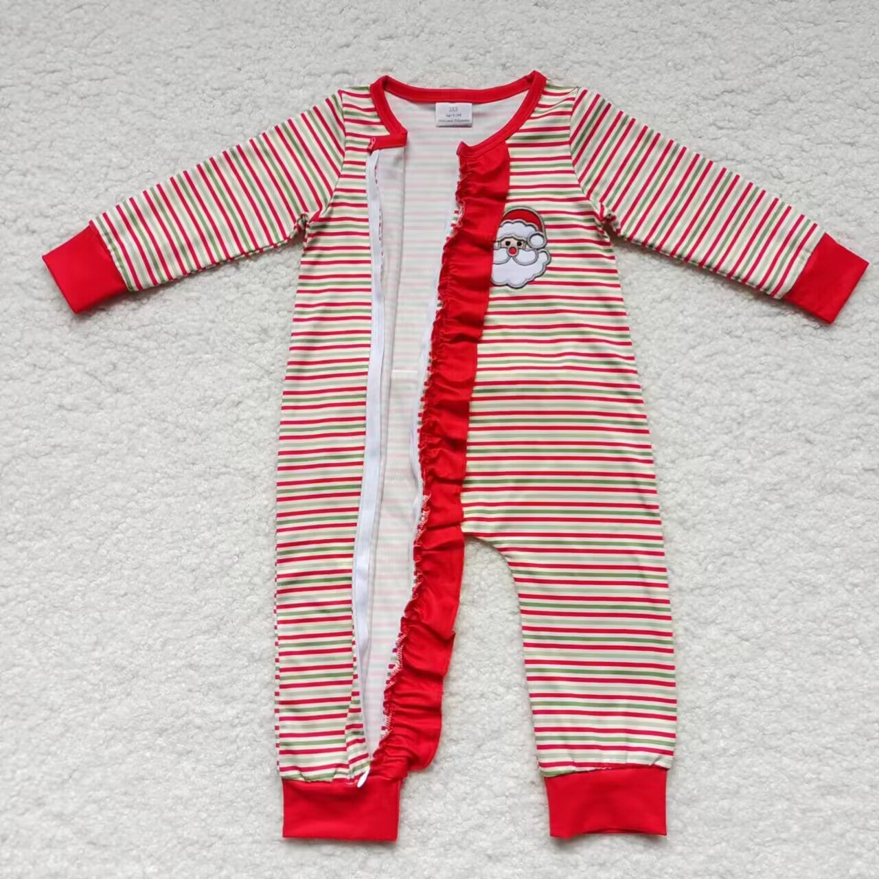 LR0441 Santa Embroidery Red Stripes Print Baby Girls Christmas Zipper Sleeper Romper