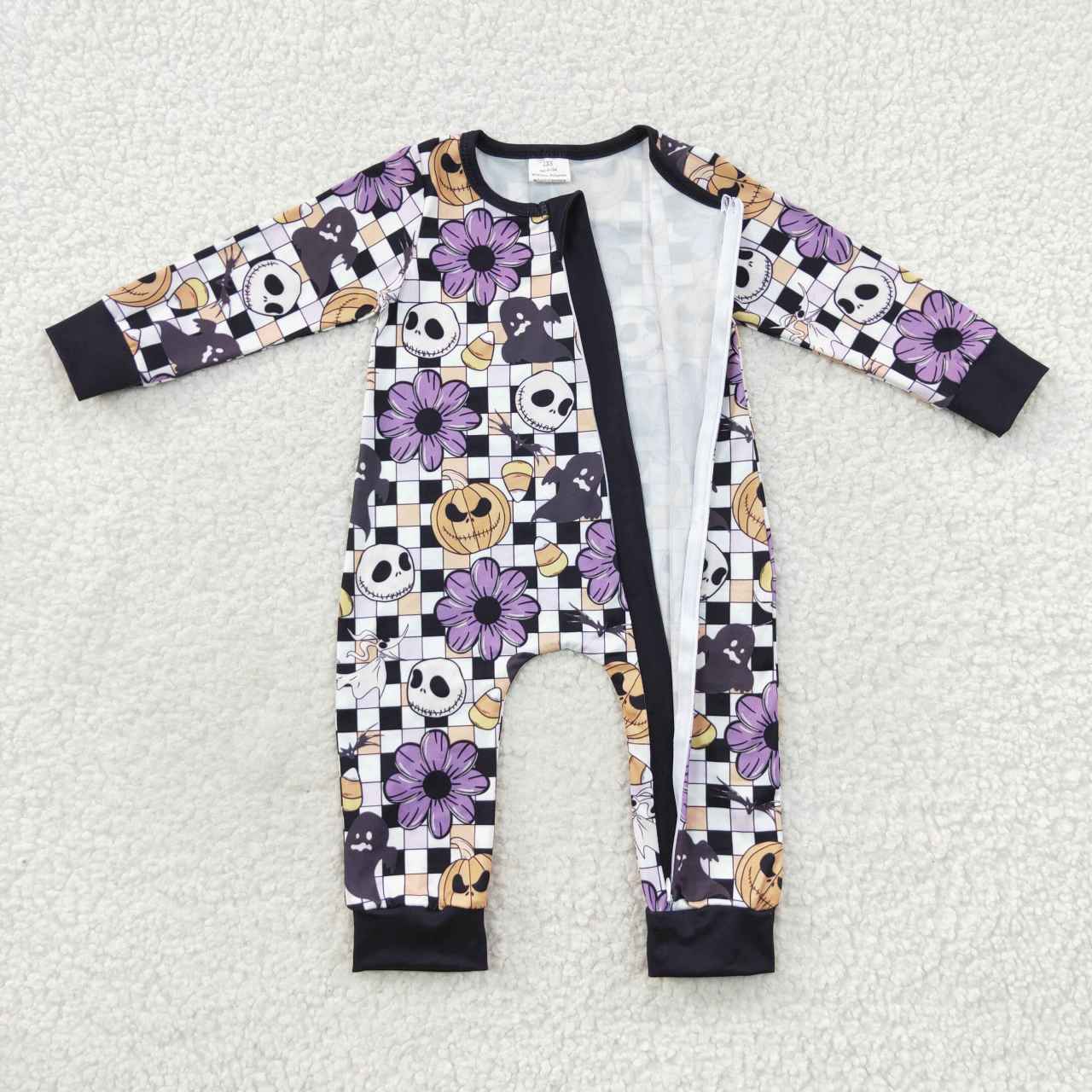 LR0445 Nightmar* Smiling Flowers Pumpkin Checkered Baby Girls Halloween Zipper Sleeper Romper