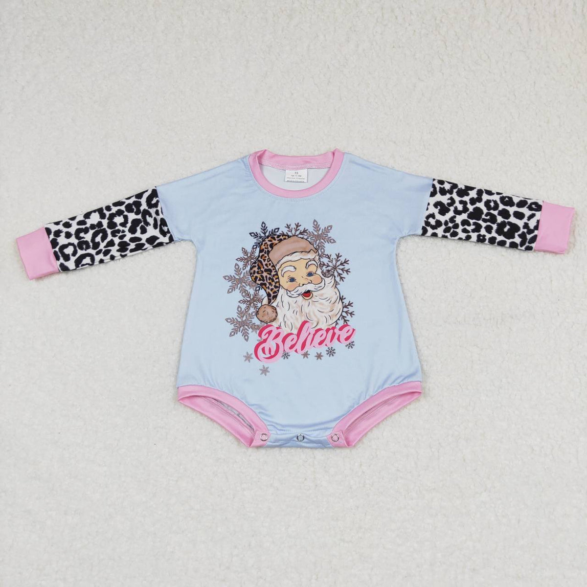 LR0462 Santa Believe Leopard Print Baby Girls Christmas Romper