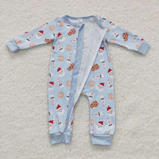 LR0472 Santa Milk Blue Print Baby Boys Christmas Zipper Sleeper Romper