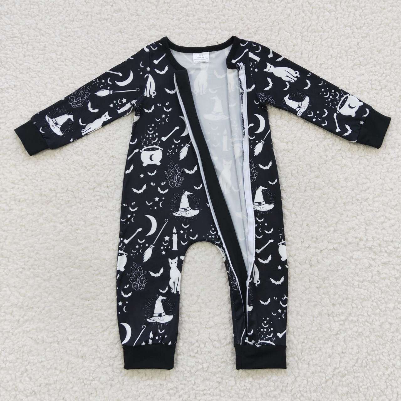 LR0473 Witch Cat Bat Black Baby Halloween Zipper Sleeper Romper