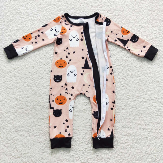LR0474 Ghost Pumpkin Baby Halloween Zipper Sleeper Romper