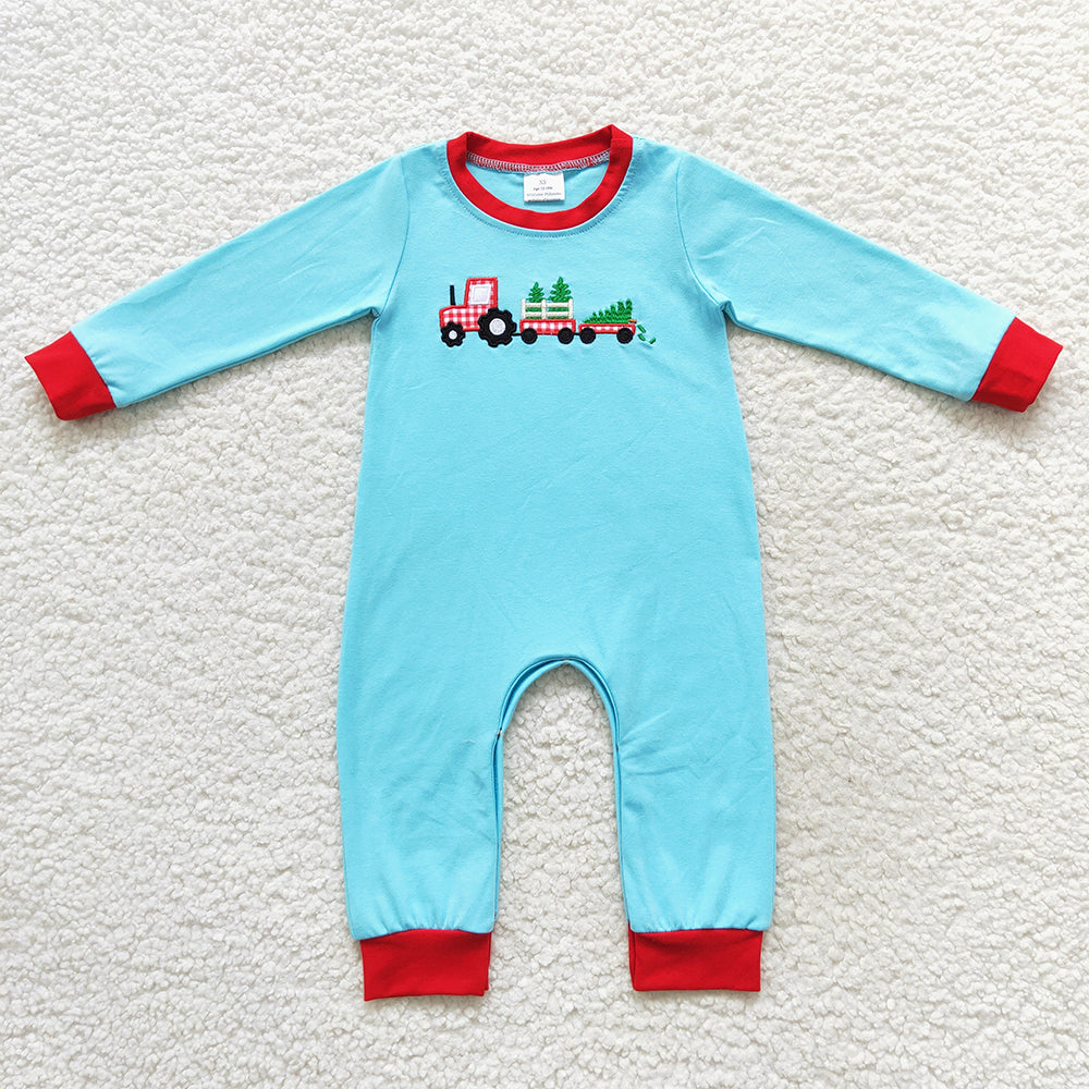 LR0500 Tractor Tree Embroidery Blue Cotton Baby Boys Christmas Romper