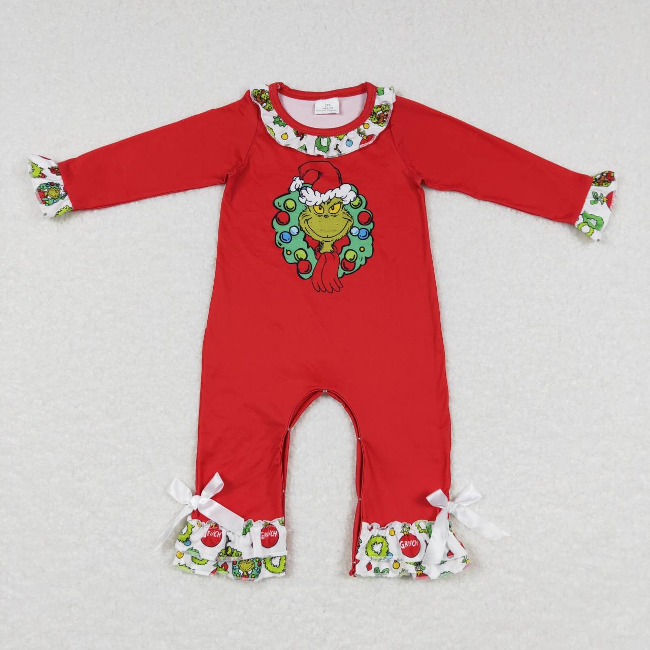 LR0578 Green Frog Red Print Baby Girls Christmas Ruffle Romper