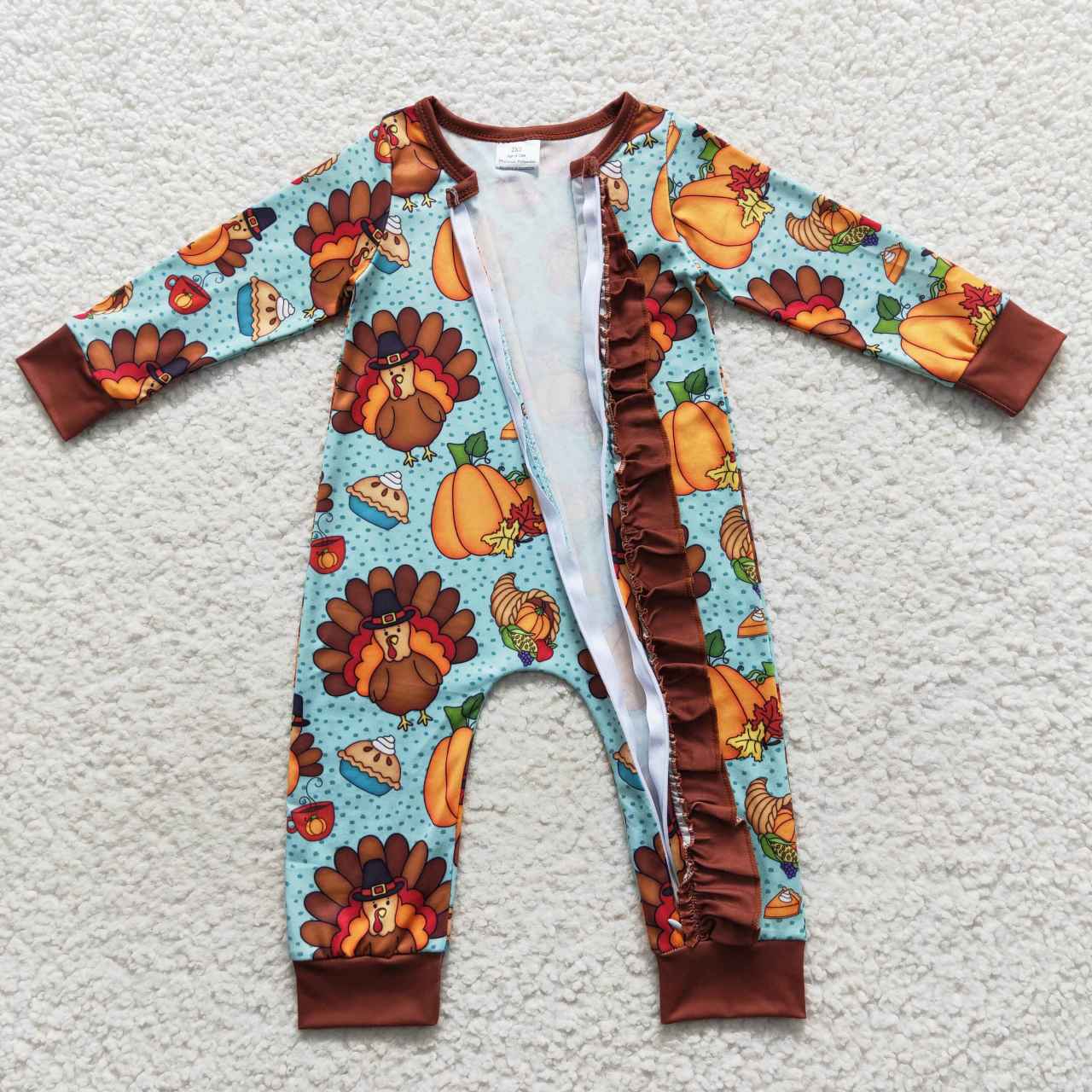 LR0580 Turkey Pumpkin Pie Print Baby Girls Thanksgiving Zipper Sleeper Romper