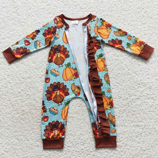 LR0580 Turkey Pumpkin Pie Print Baby Girls Thanksgiving Zipper Sleeper Romper
