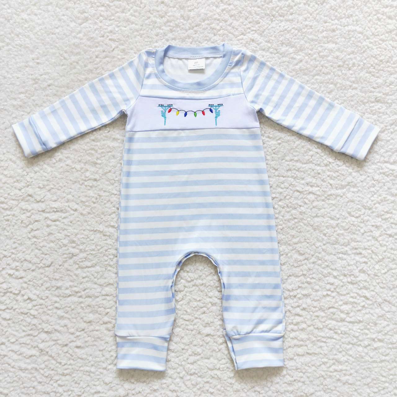 LR0583 Lights Embroidery Blue Stripes Baby Boys Christmas Romper