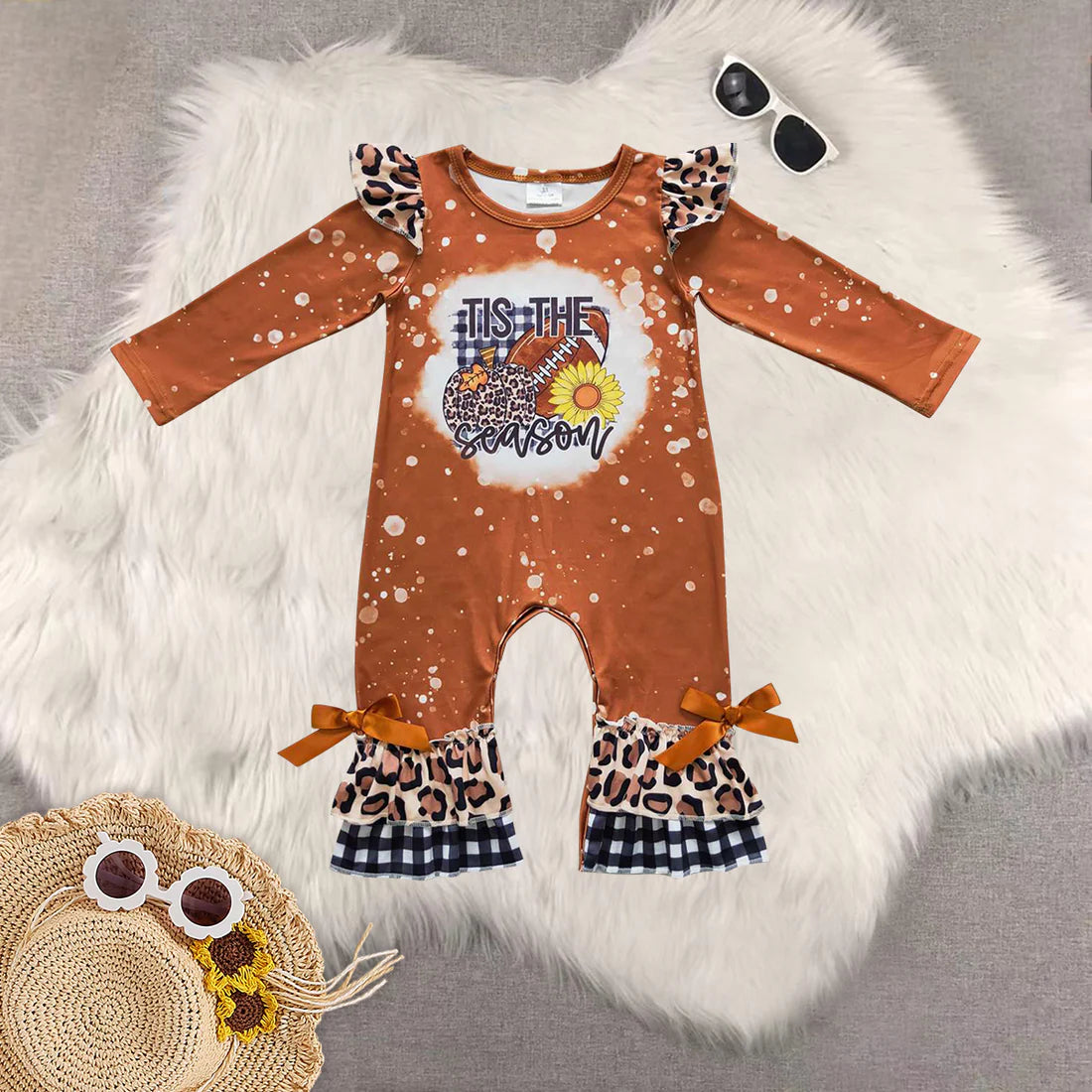 Sibling Baby Girls Football Pumpkin Leopard Ruffle Pants Clothes Sets Rompers