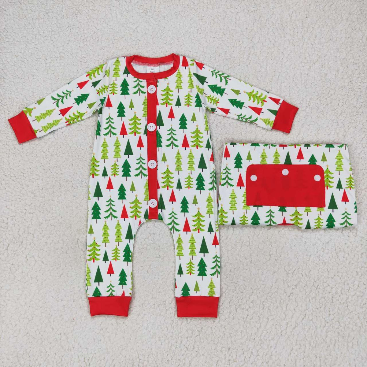 LR0627 Tree Print Baby Boys Christmas Buttons Romper