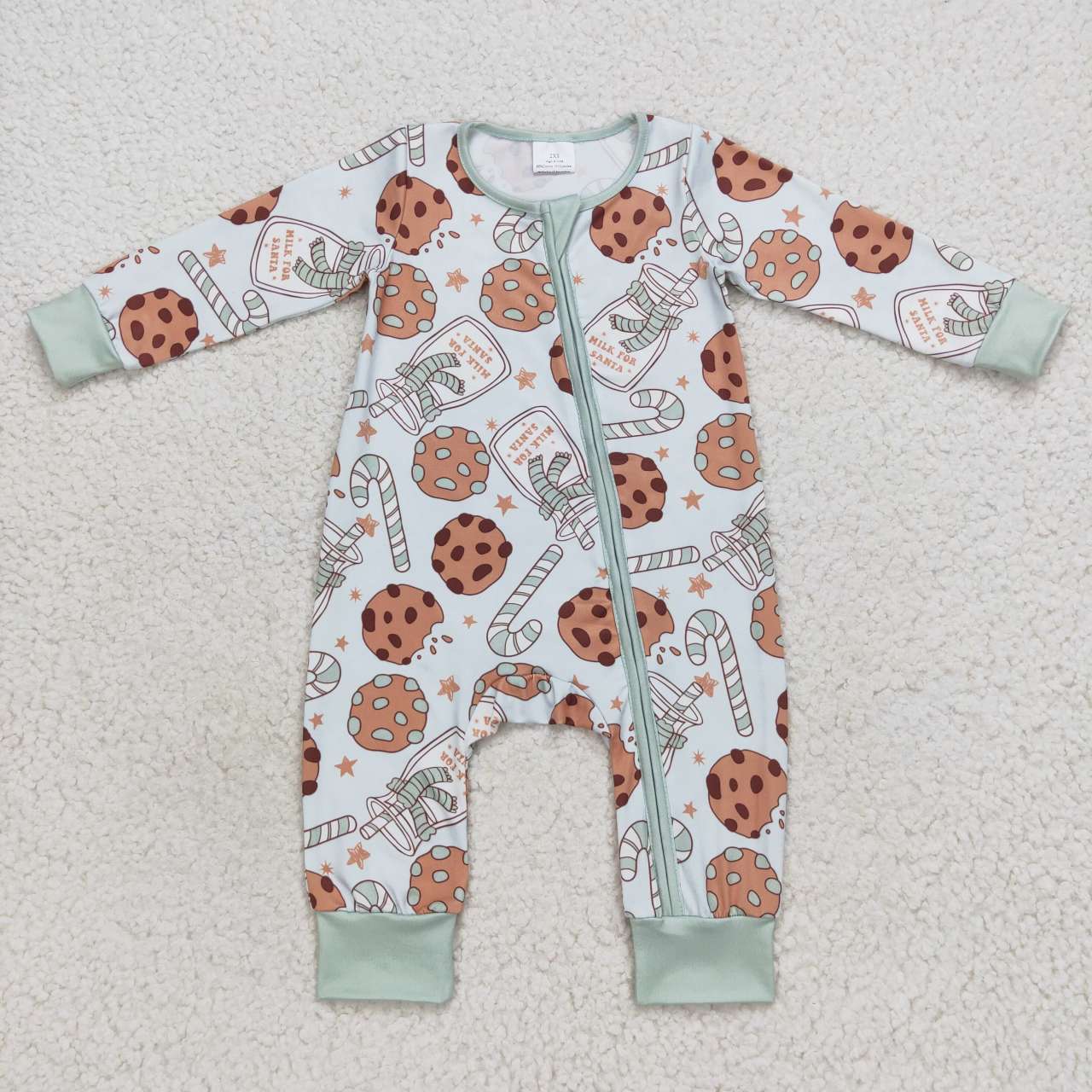 LR0631 Cookies Milk Candy Cane Print Baby Boys Christmas Zipper Sleeper Romper
