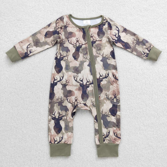 Sibling Baby Girls Boys Hunting Deer Camo Long Sleeve Zipper Romper