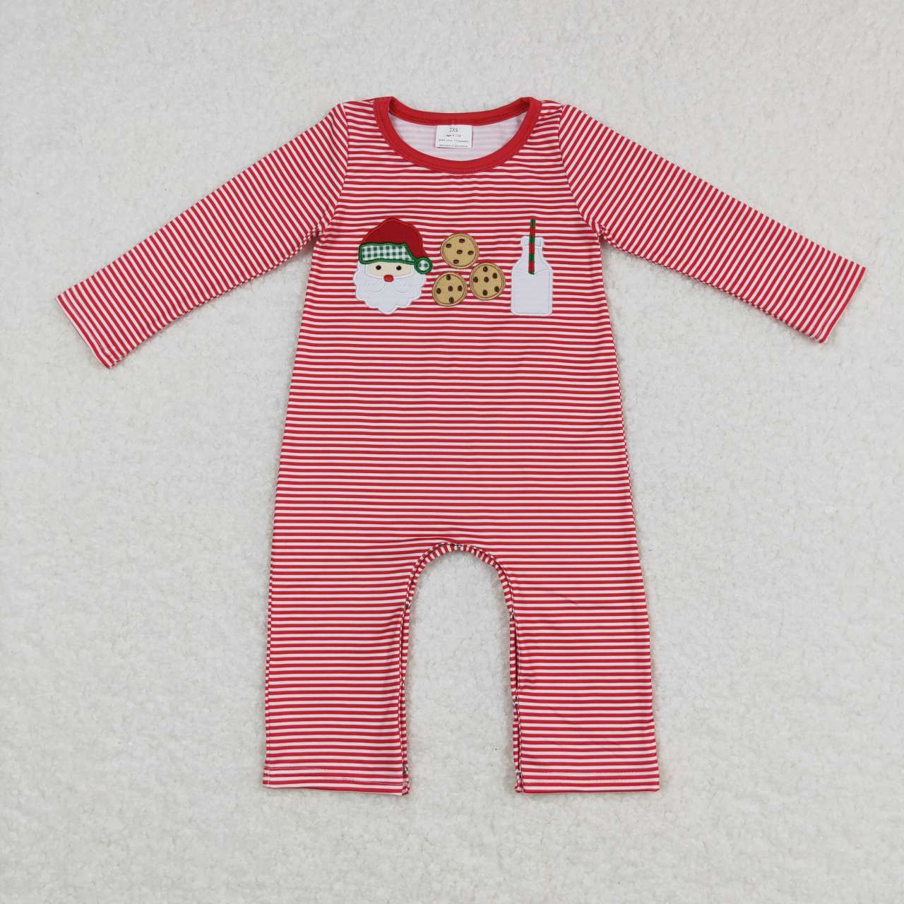 LR0707 Santa Cookies Milk Embroidery Red Stripes Baby Boys Christmas Romper