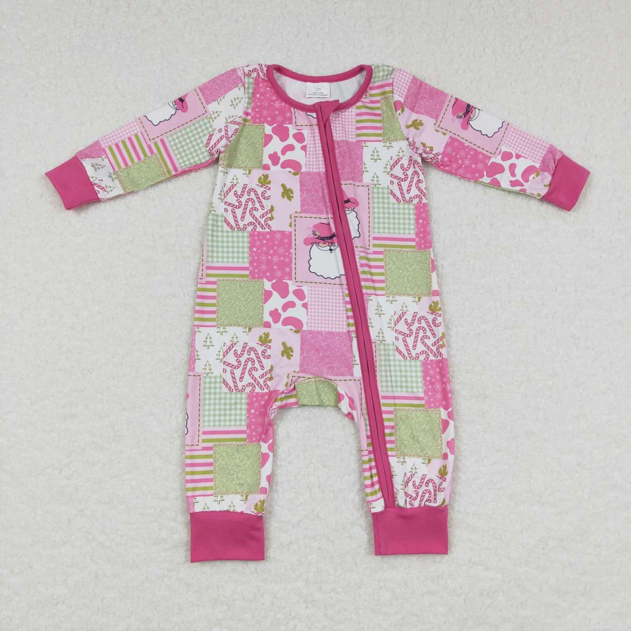 LR0722 Santa Cowboy Candy Cane Pink Checkered Print Baby Girls Christmas Zipper Sleeper Romper