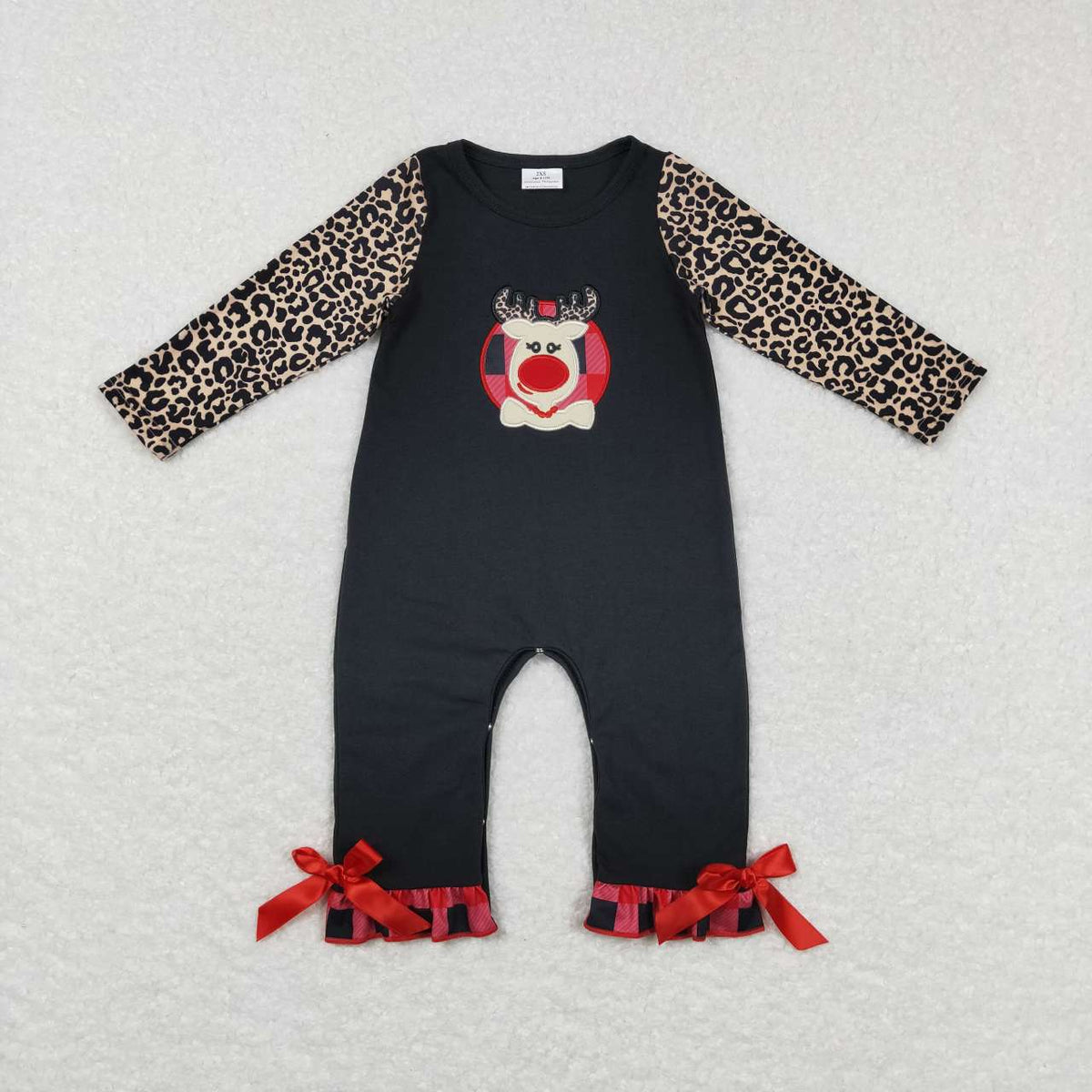 LR0730 Deer Embroidery Leopard Baby Girls Christmas Romper