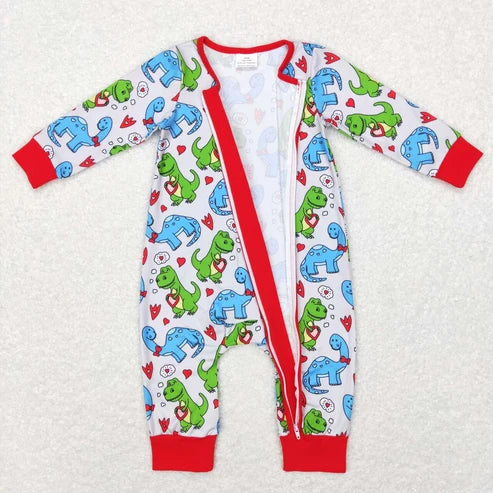 Sibling Baby Boys Dinosaurs Heart Pajama Set Top Zipper Romper