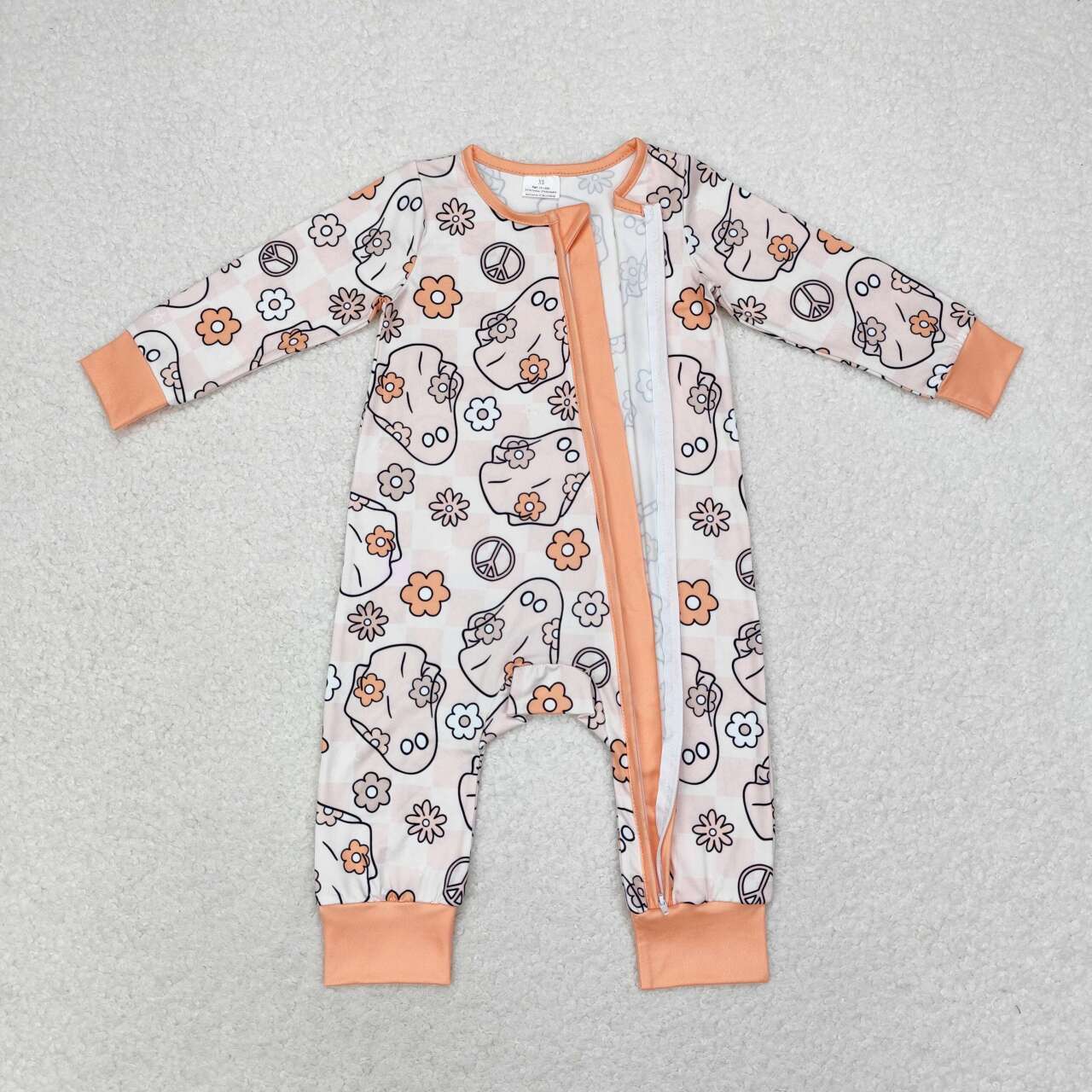 LR0981 Ghost Flowers Checkered Print Baby Girls Halloween Zipper Sleeper Romper