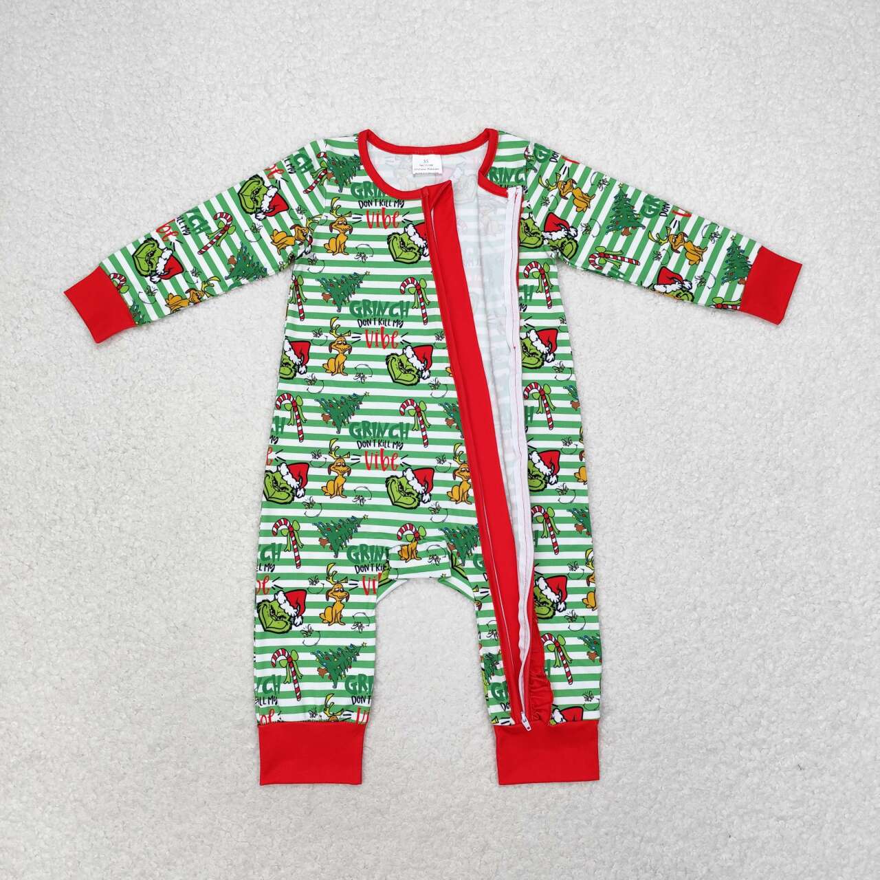 LR1054 Green Frog Stripes Print Baby Girls Christmas Zipper Sleeper Romper