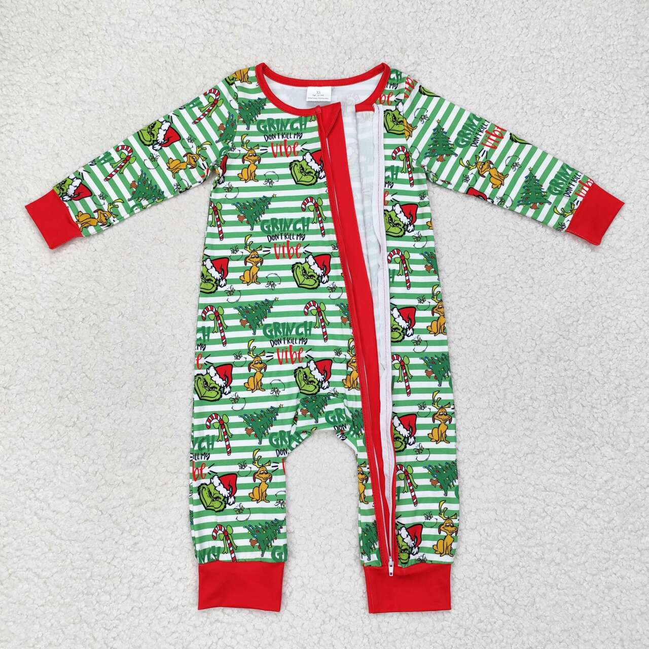 LR1055 Green Frog Stripes Print Baby Boys Christmas Zipper Sleeper Romper