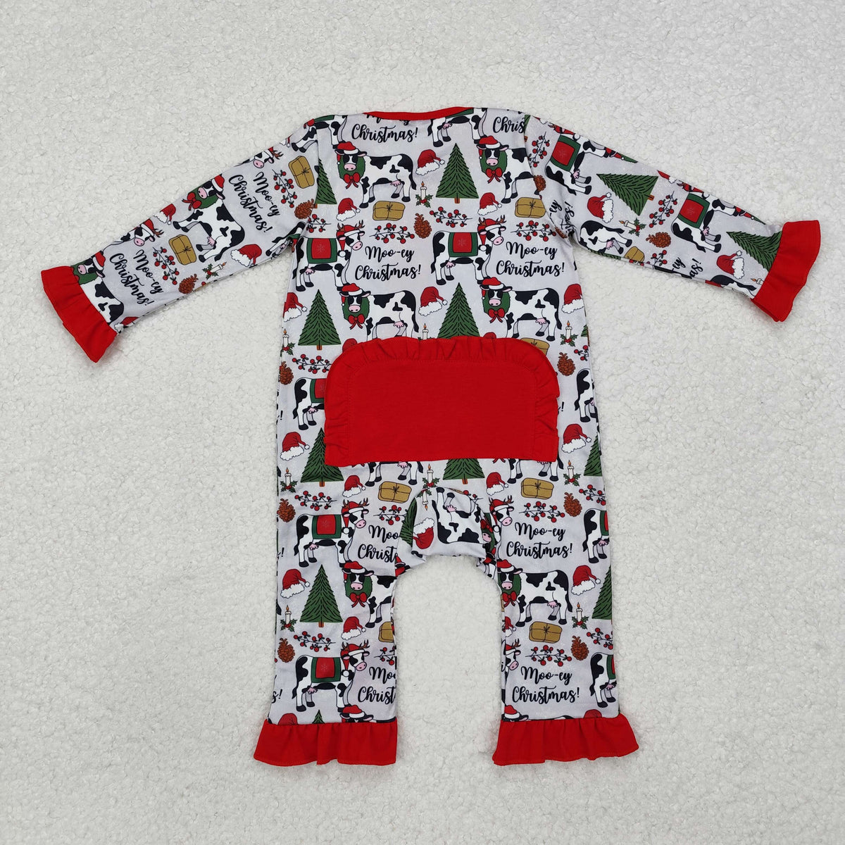 LR1074 Cows Tree Holly Print Baby Girls Christmas Zipper Sleeper Romper