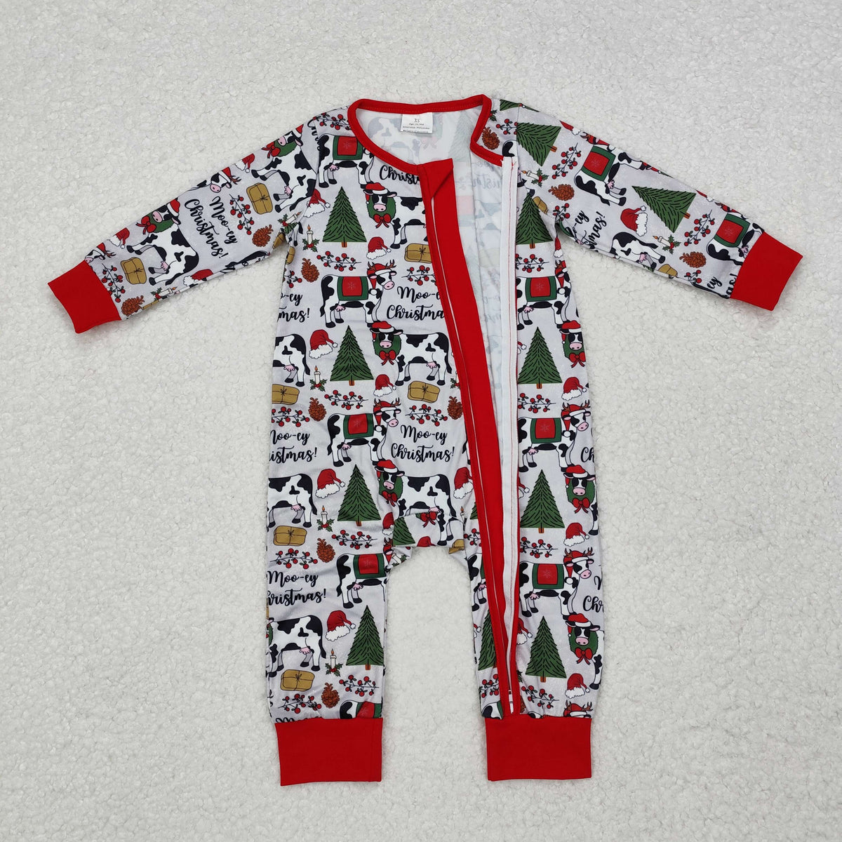 LR1075 Cows Tree Holly Print Baby Boys Christmas Zipper Sleeper Romper