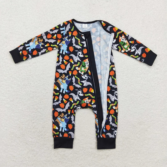 LR1077 Baby Boys Halloween Cartoon Dog Long Sleeve Zipper Romper