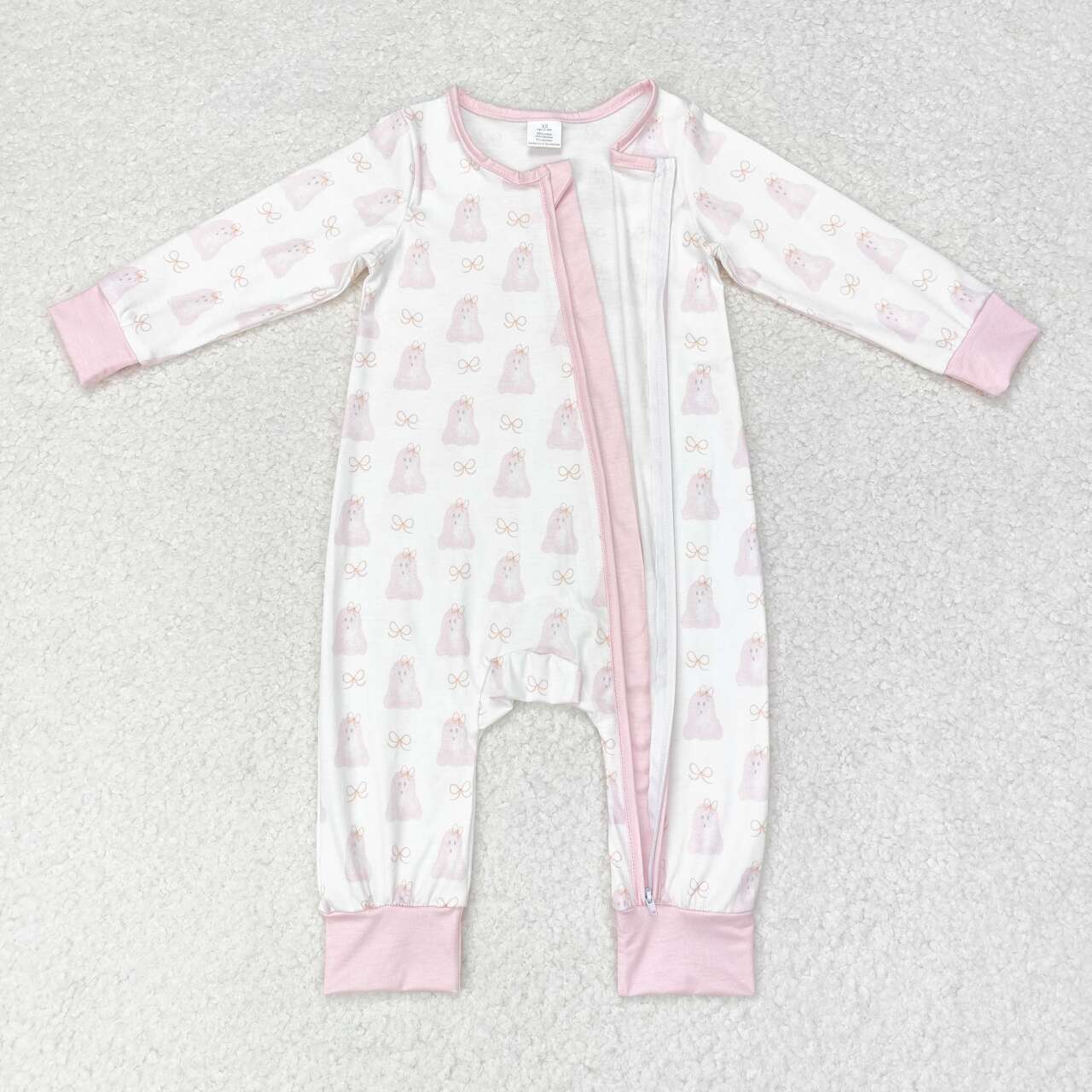LR1124 Ghost Bows Pink Print Baby Girls Halloween Zipper Sleeper Romper
