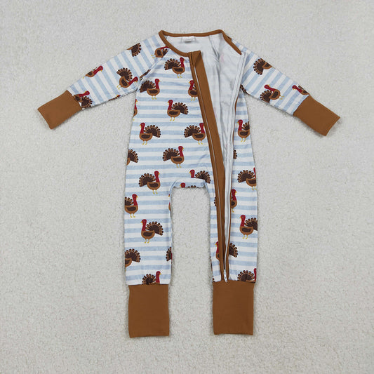 LR1191 Turkey Stripes Print Baby Boys Thanksgiving Zipper Sleeper Romper