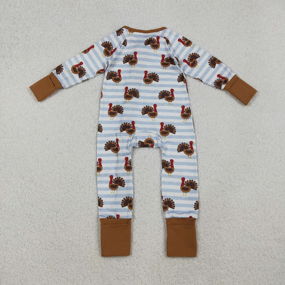 LR1191 Turkey Stripes Print Baby Boys Thanksgiving Zipper Sleeper Romper