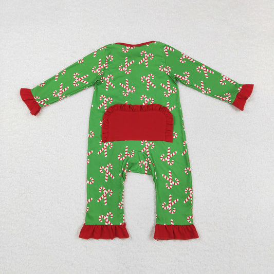 LR1236 Candy Cane Green Print Baby Girls Christmas Zipper Sleeper Romper