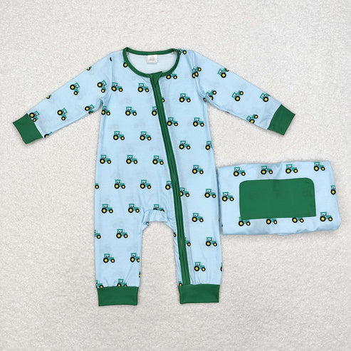 Sibling Baby Boys Green Tractors Long Sleeve Pajama Set Romper