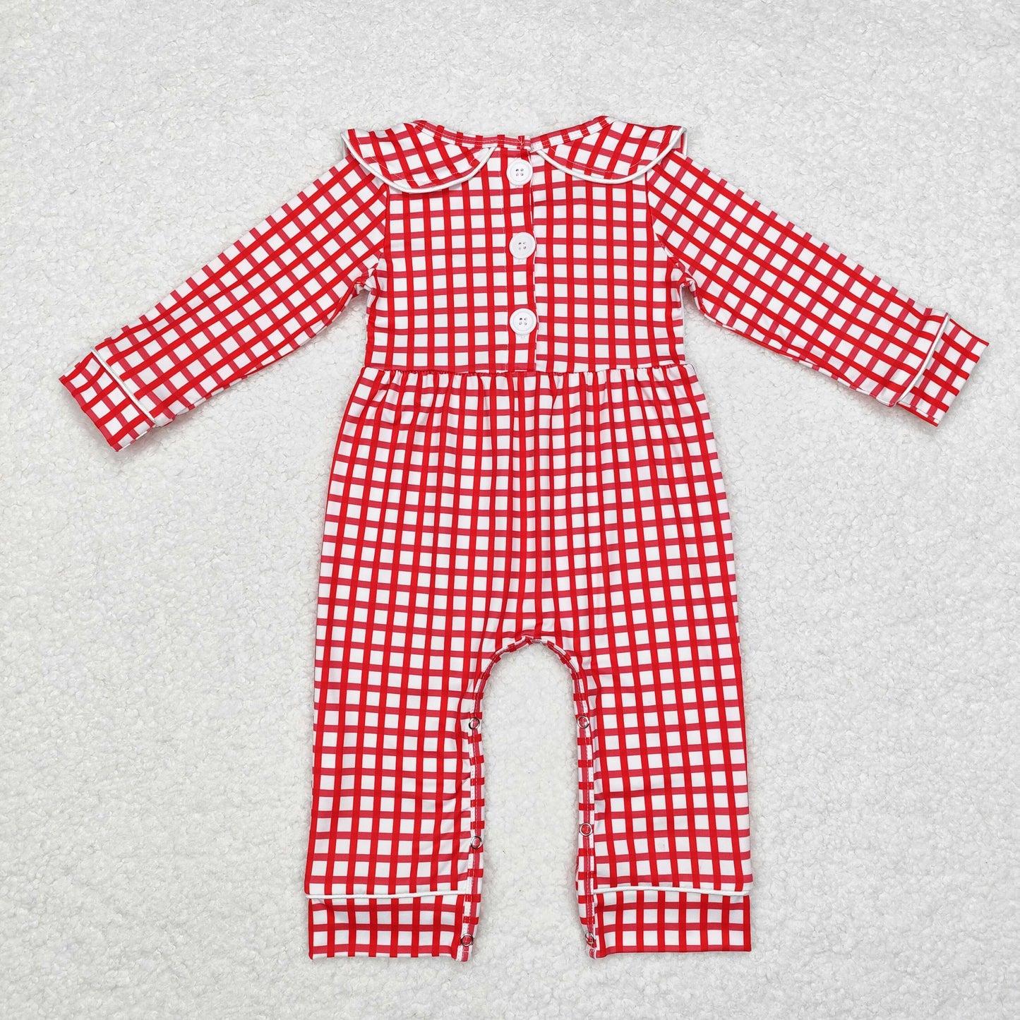 LR1263 Santa Embroidery Red Checkered Print Baby Girls Christmas Romper