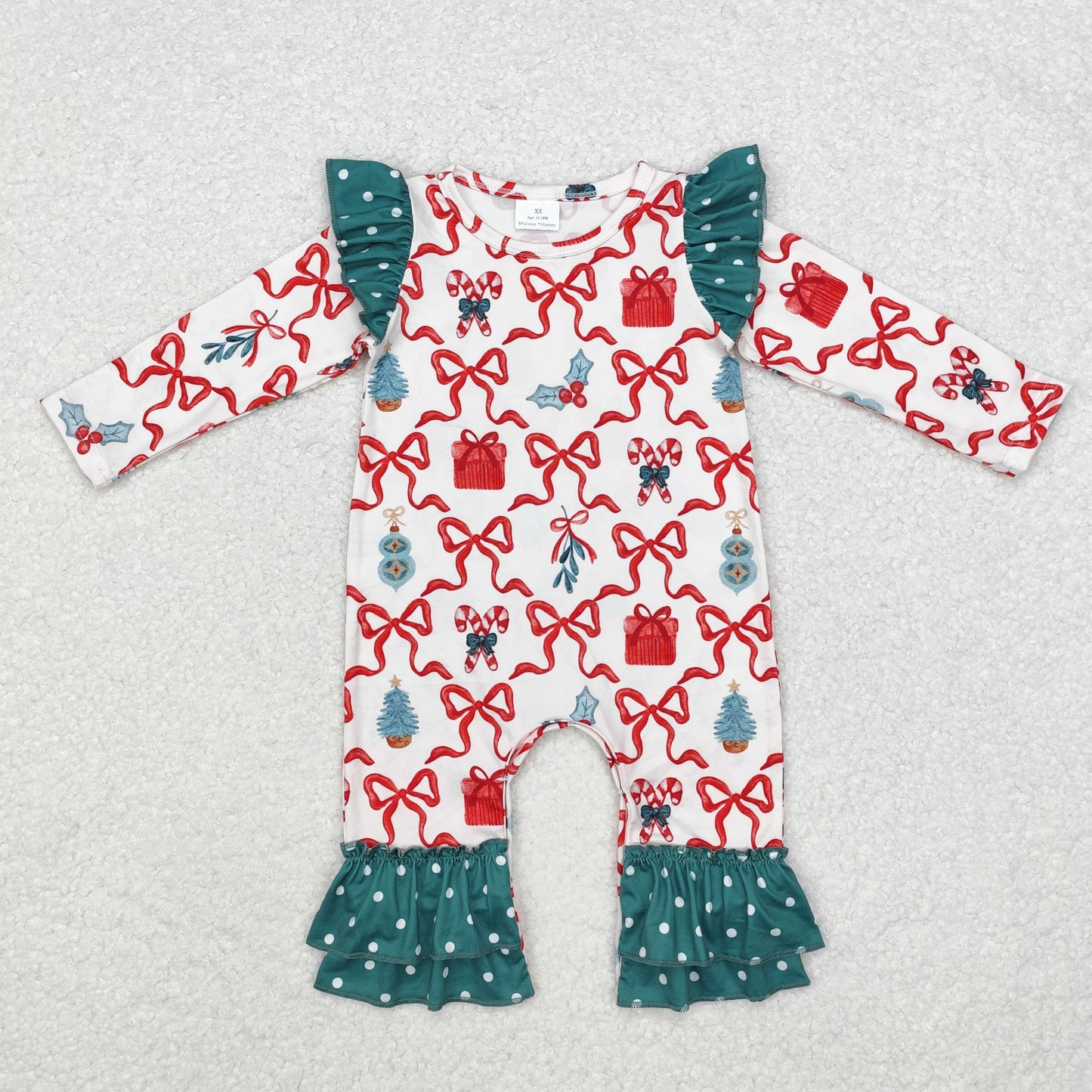 LR1285 Candy Cane Holly Bows Print Baby Girls Christmas Ruffle Romper