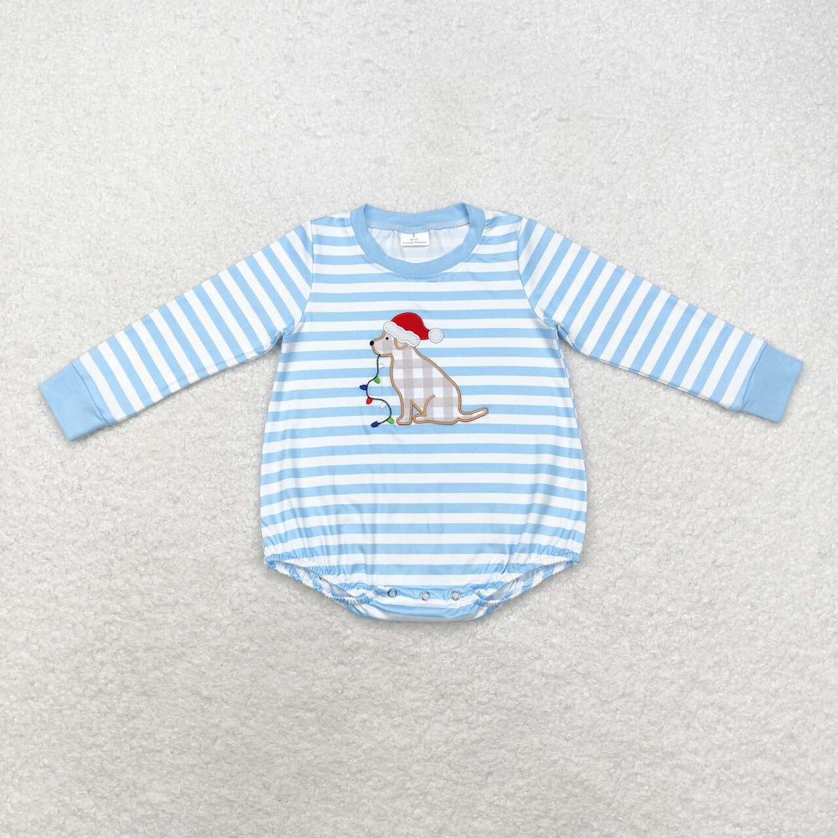 LR1307 Dog Embroidery Blue Stripes Print Baby Boys Christmas Romper