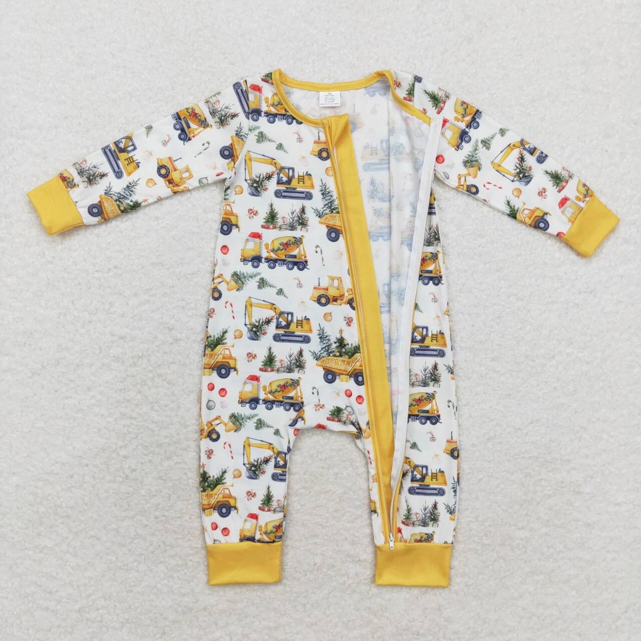 LR1332 Construction Tree Candy Cane Print Baby Boys Christmas Bamboo Zipper Sleeper Romper
