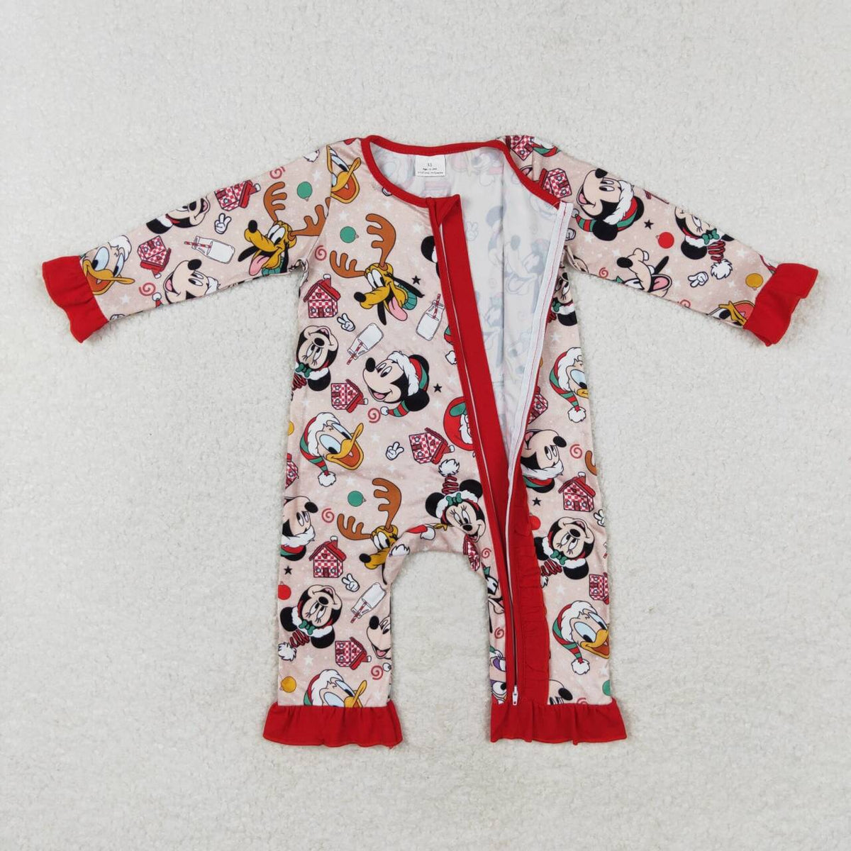 LR1334 Cartoon Mouse Milk Print Baby Girls Christmas Zipper Sleeper Romper