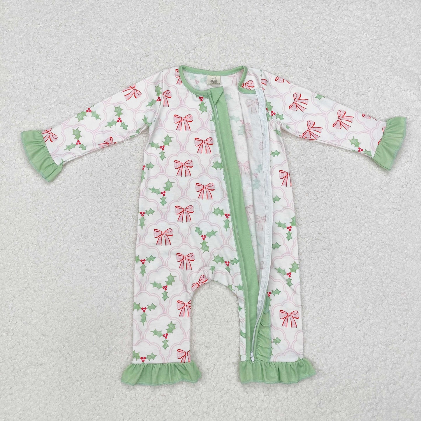LR1344 Holly Bows Print Baby Girls Christmas Bamboo Zipper Sleeper Romper